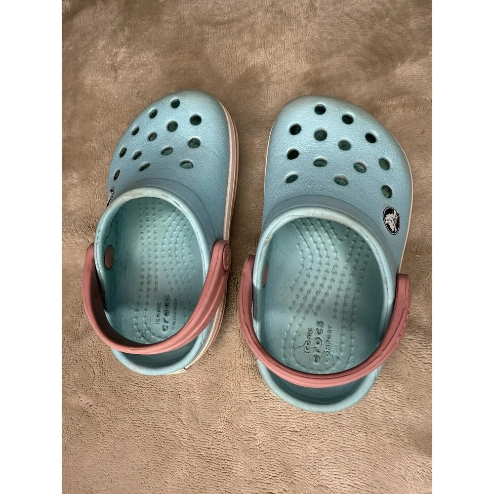 Crocs Crocband Clogs K Kids Ice Blue / Pink‎ Slip On Shoes Back Strap Size 5C